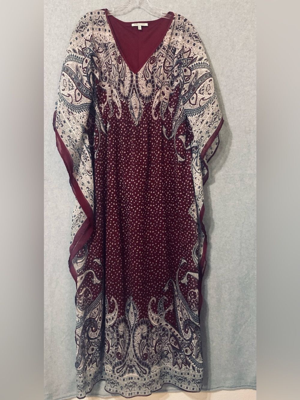 Speed Control NY Paisley Kaftan Maxi Dress Size L Burgundy Boho Festival Resort